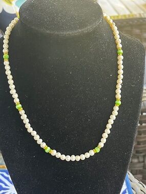 10kt gold closure Freshwater Baroque Pearls & Green Cats eye beaded necklace